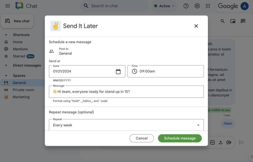 Send It Later for Google Chat Landing Page