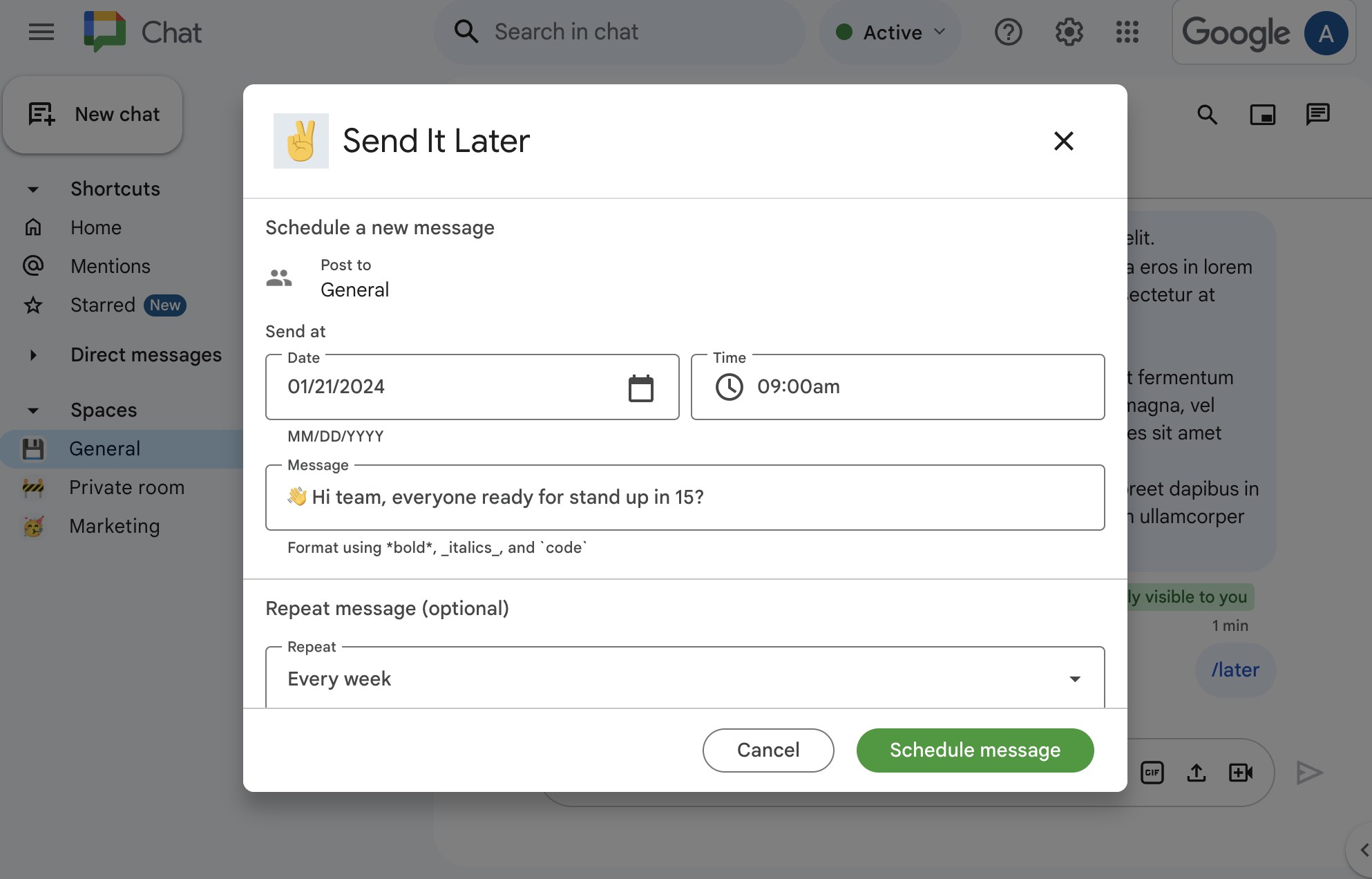 Send It Later for Google Chat Easily schedule Google Chat messages.