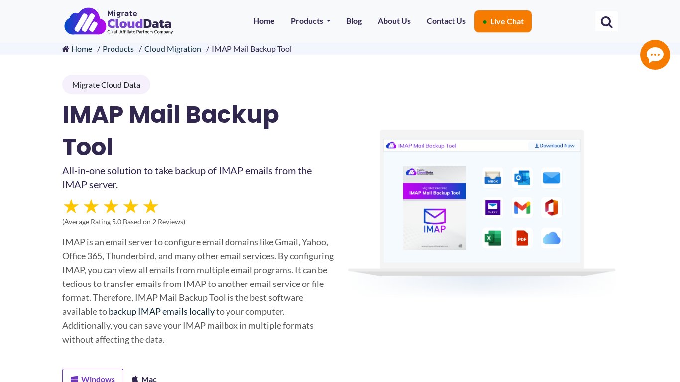 MigrateCloudData IMAP Mail Backup Tool Landing page