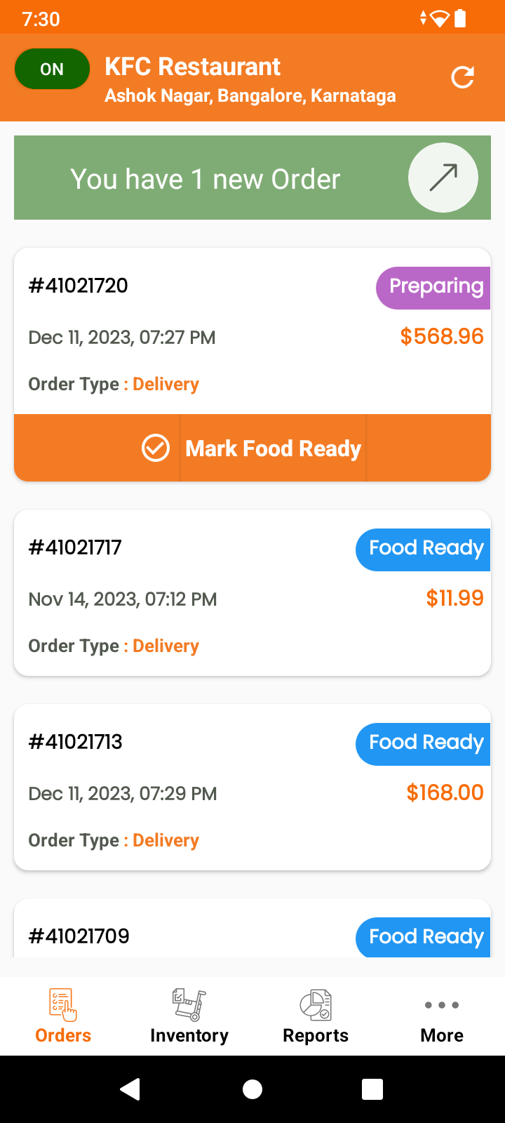 Outfleet Food Delivery Order Management App