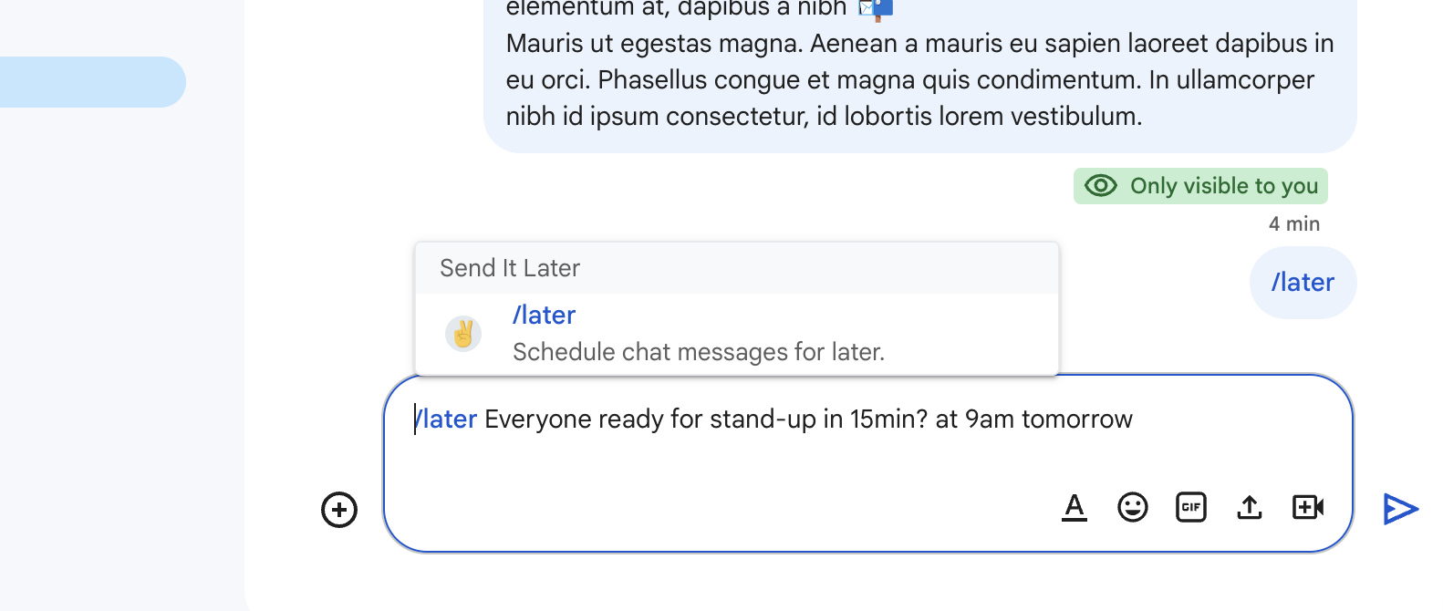 Send It Later for Google Chat Quickly schedule messages using chat commands