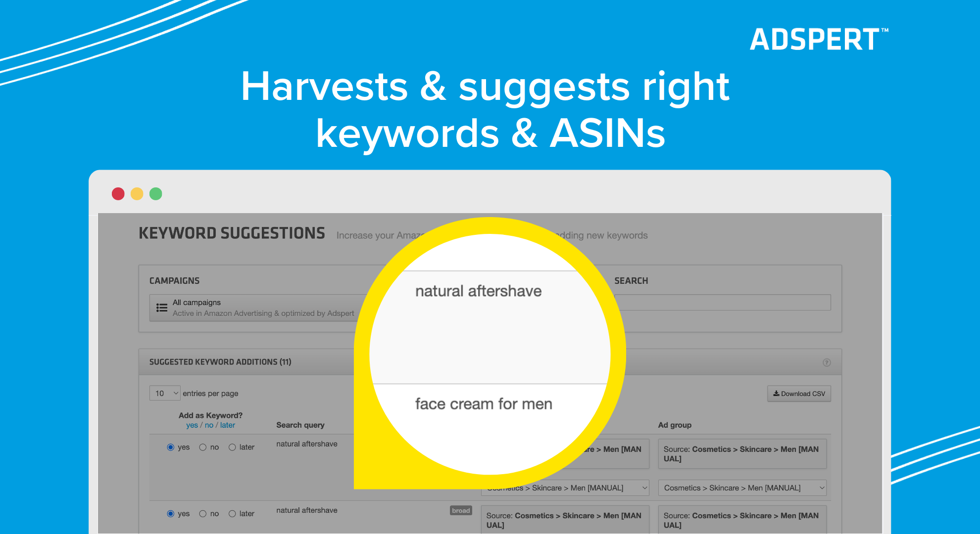 Adspert.net Harvests and suggests right keywords and ASINs
