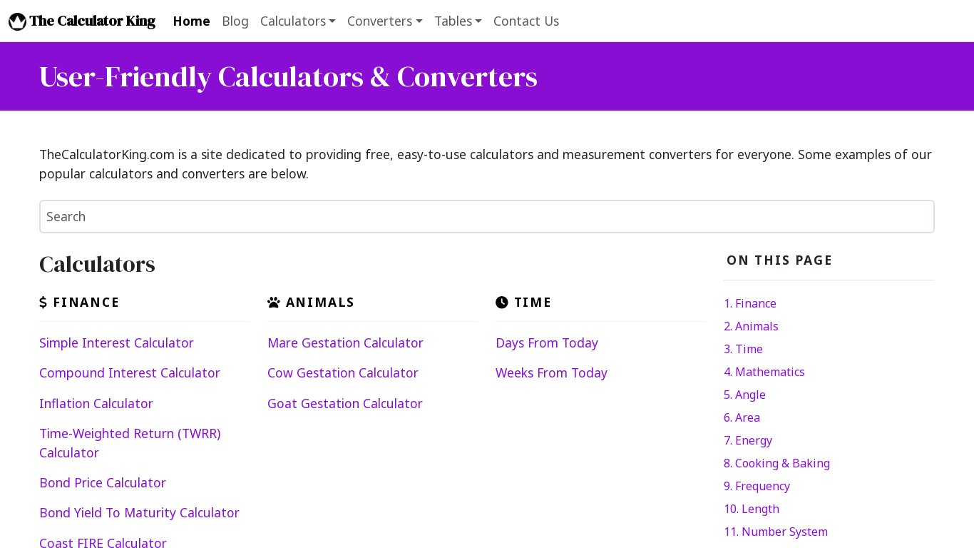 TheCalculatorKing.com Landing page