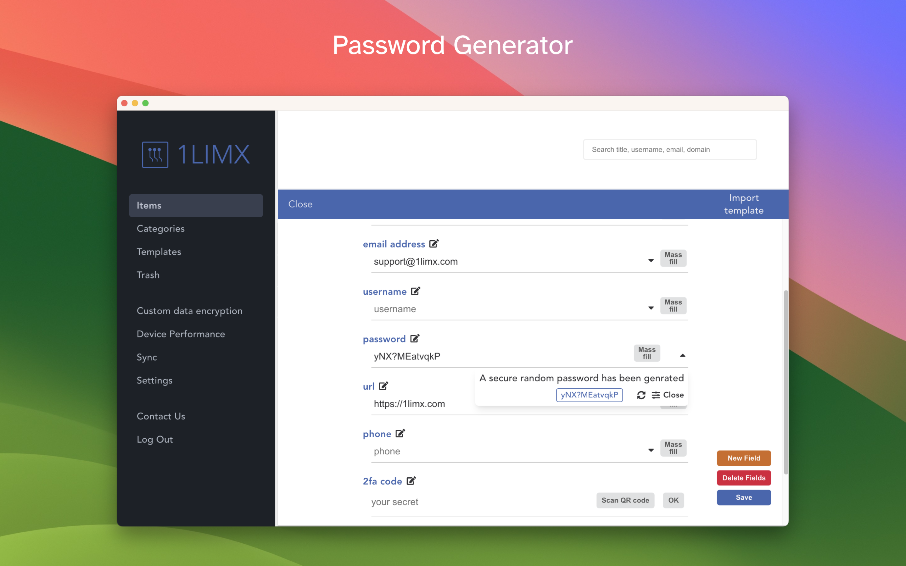 1LimX password generator right inside item form