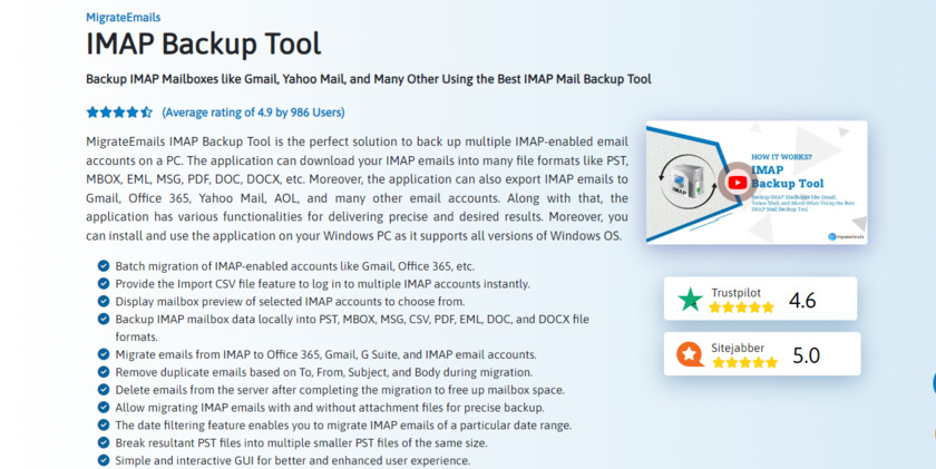 MigrateEmails IMAP Backup Tool Landing Page