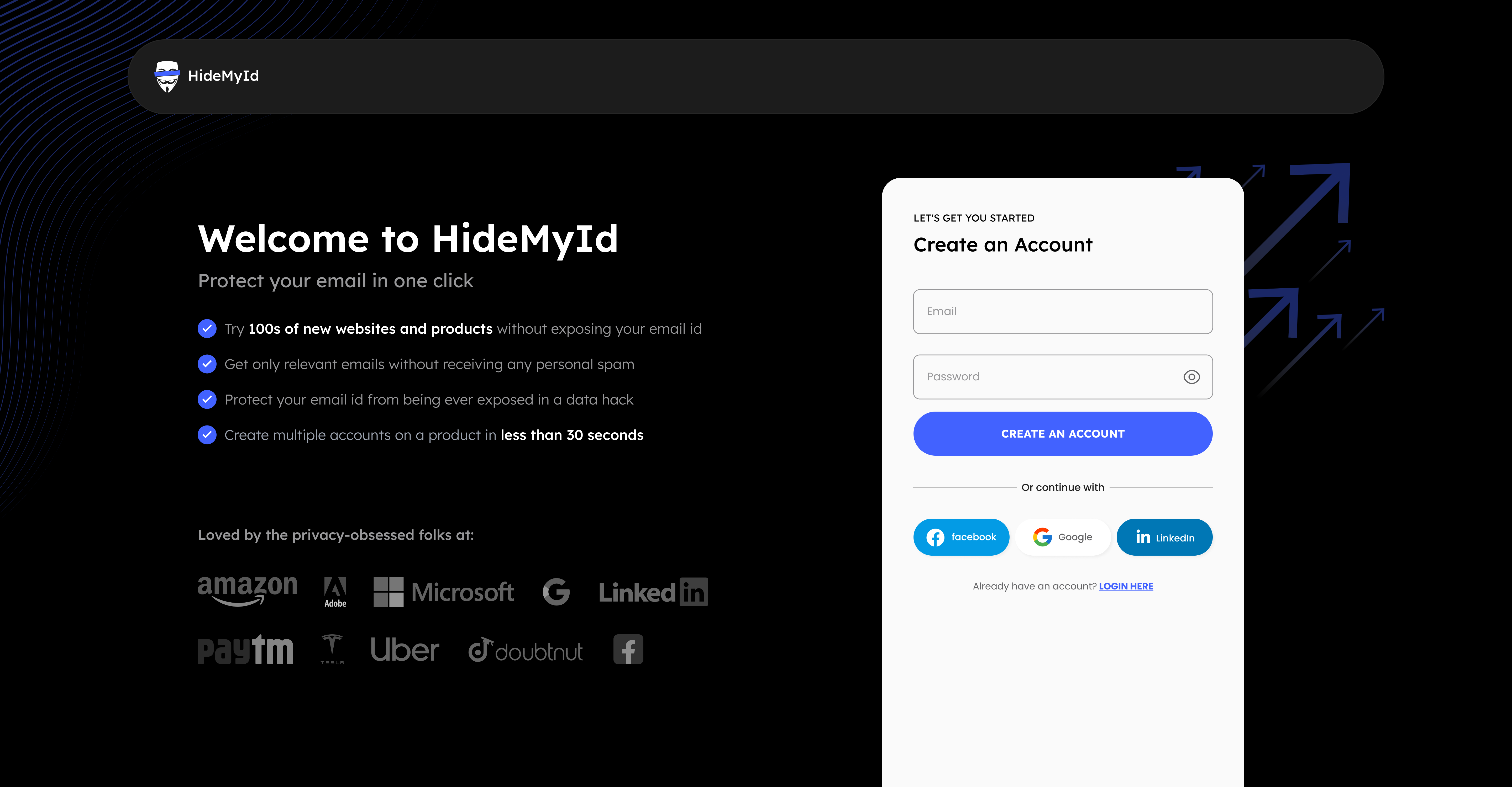 HidemyID App Home Page 