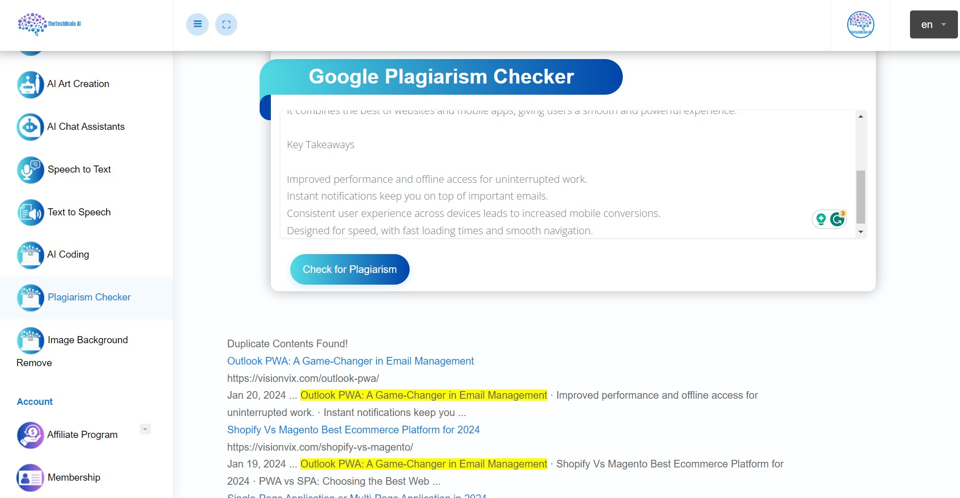 The TechBrain AI TheTechBrain Google Plagiarism Checker Tool