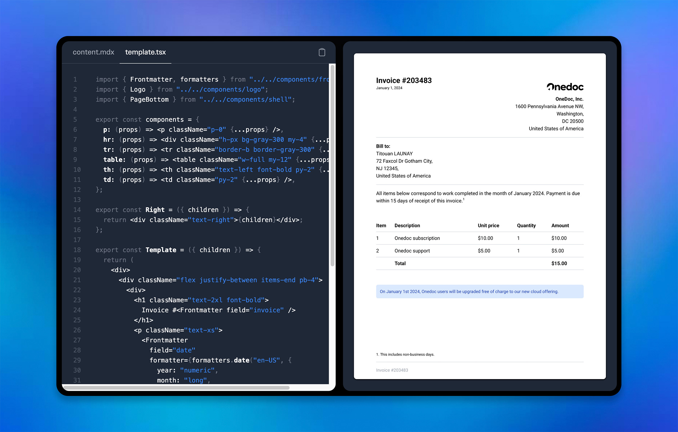 Onedoc Use React to create beautiful PDFs.