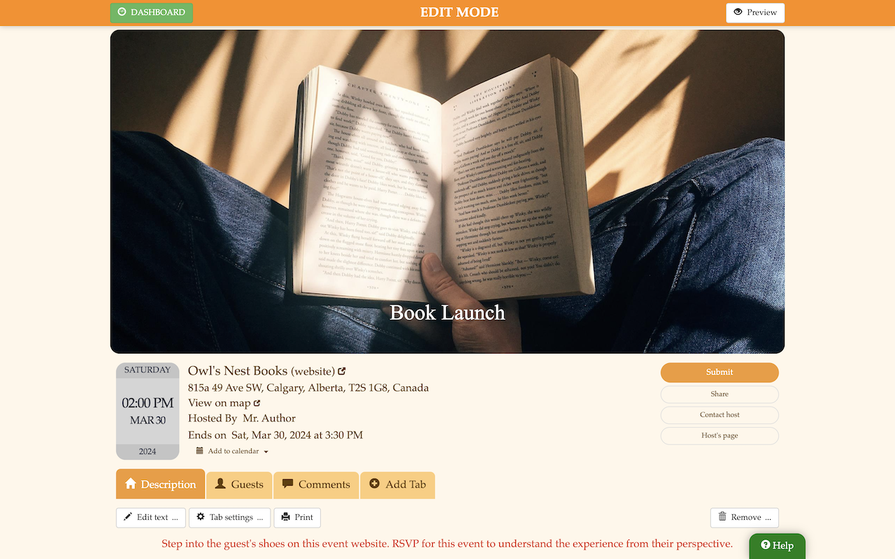 PartyLabz Book Launch Event Website Example