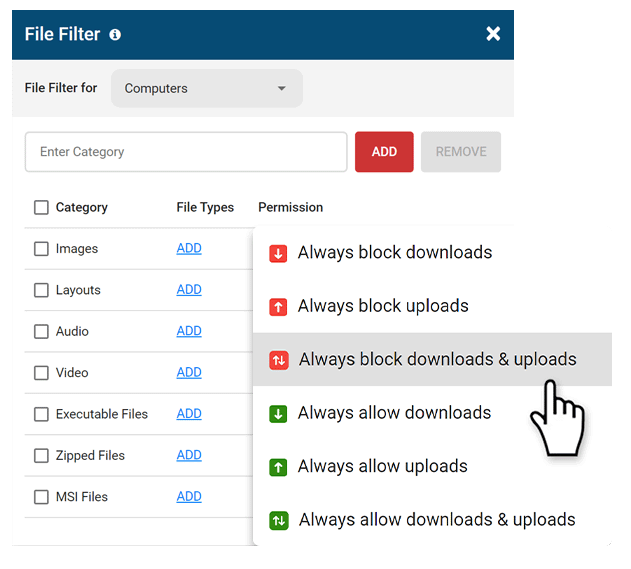 CurrentWare BrowseControl Block downloads and uploads of specific file types with CurrentWare BrowseControl's file filter