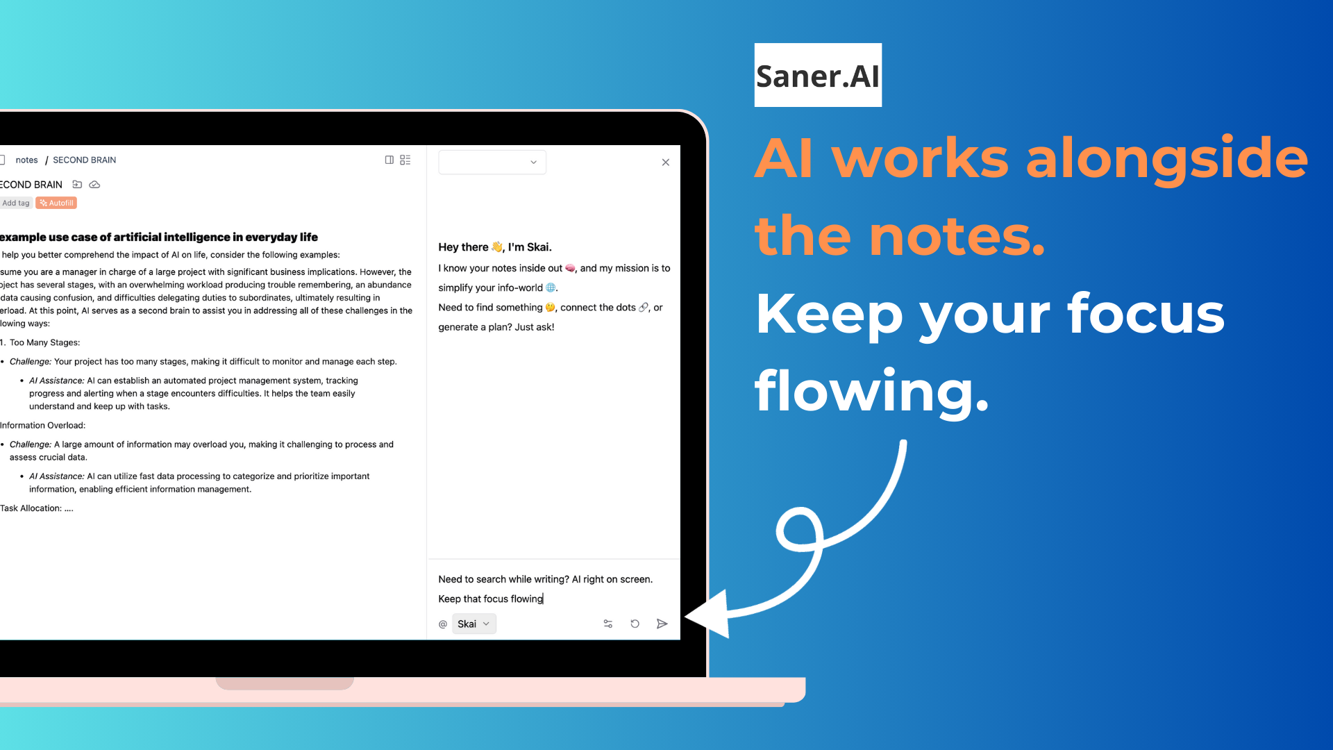 Saner.ai AI alongside notes
