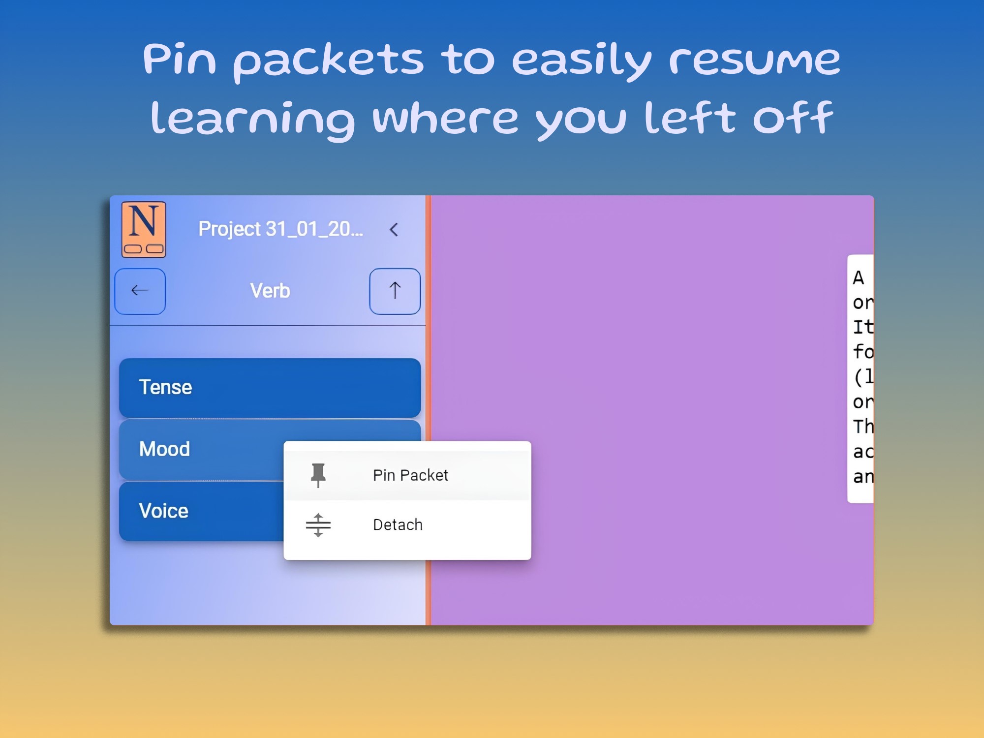 sNotes Pin packets to easily resume learning where you left off