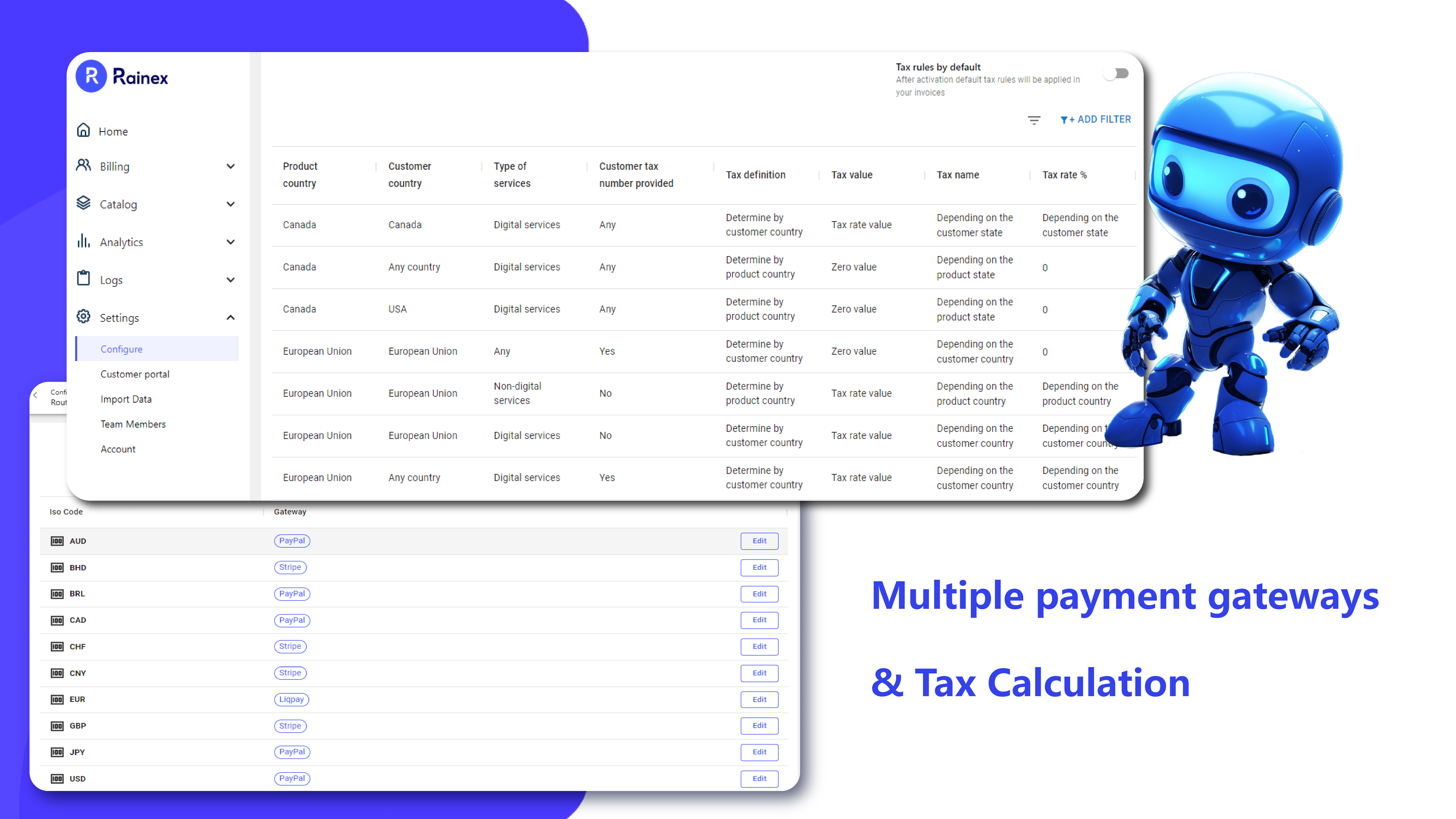 Rainex.io Multiple payment gateways. Tax compliance