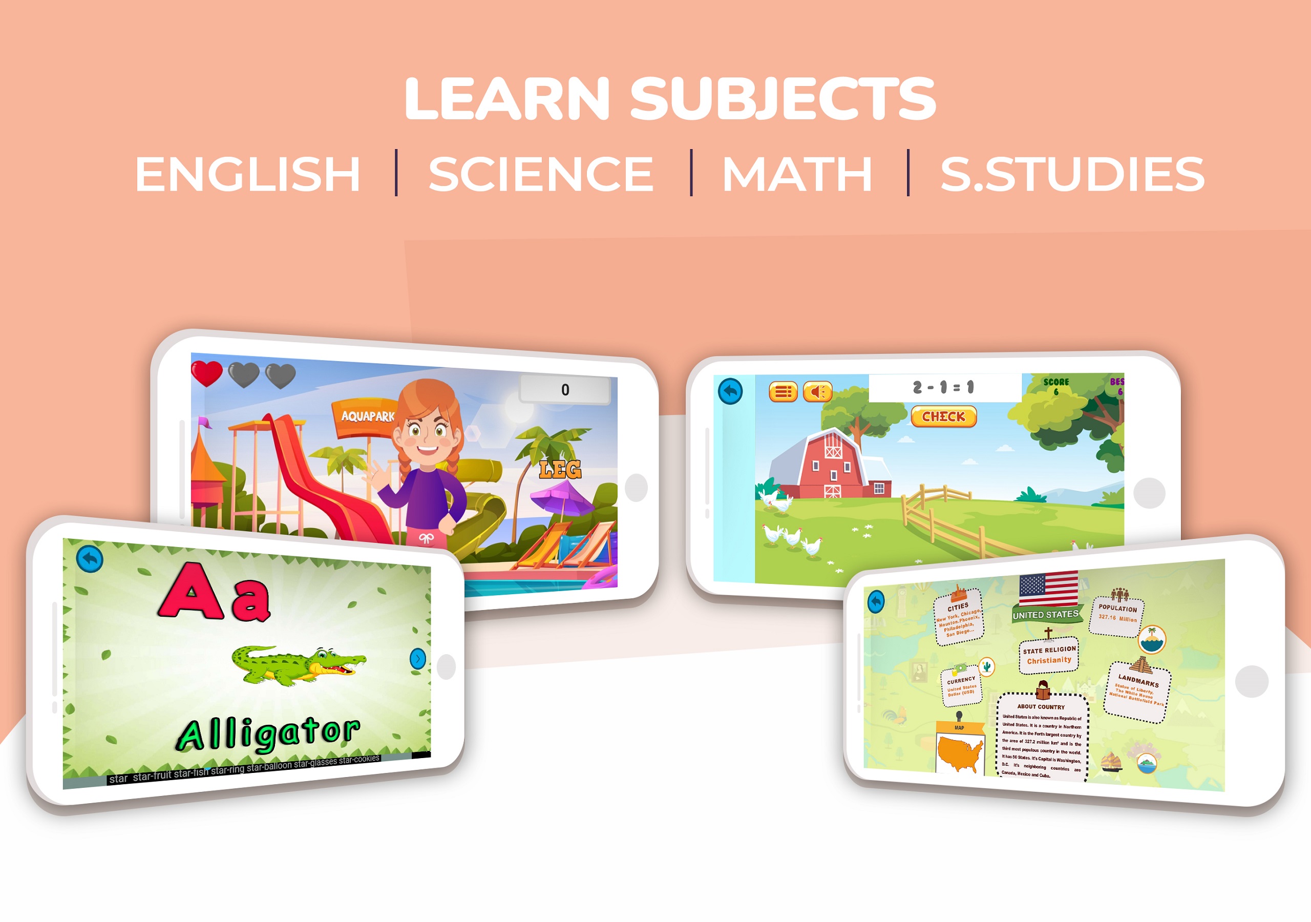 Tiny Genius App Tiny Genius App with learning subjects includes english, science, math and social studies