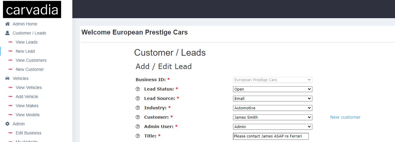 CarVadia.net Customer Relationship Management Administration Screen