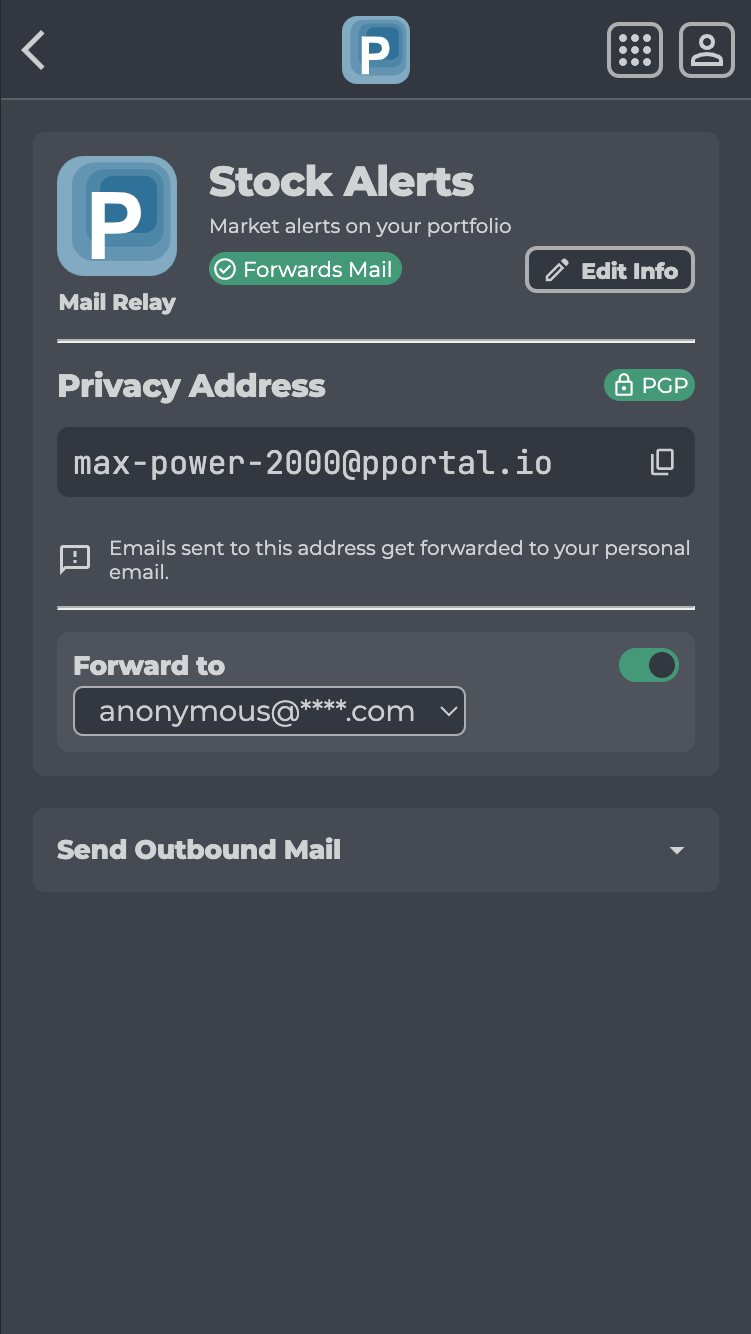 Mail Relay by Privacy Portal Privacy Address - Mobile - Dark Mode