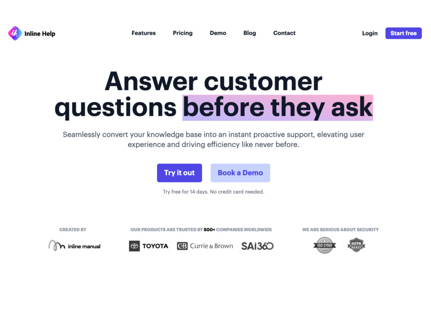 Inline Help Landing Page