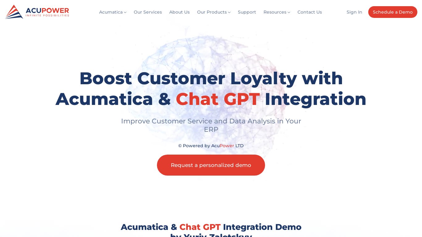 Acupower Chat GPT in Acumatica Landing page