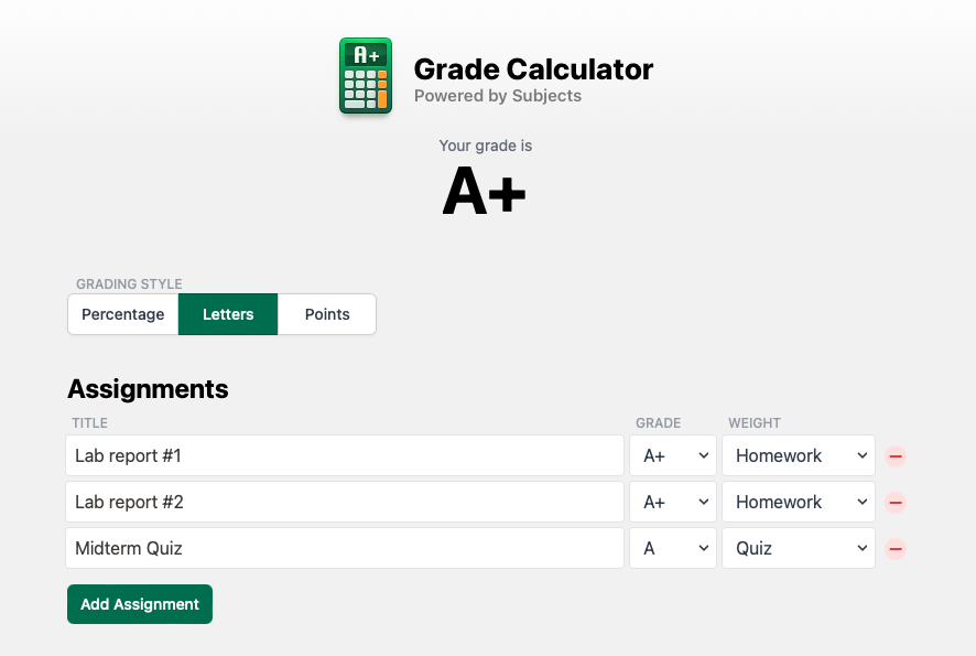 Eyen Subjects Grade Calculator Assignments and their grades