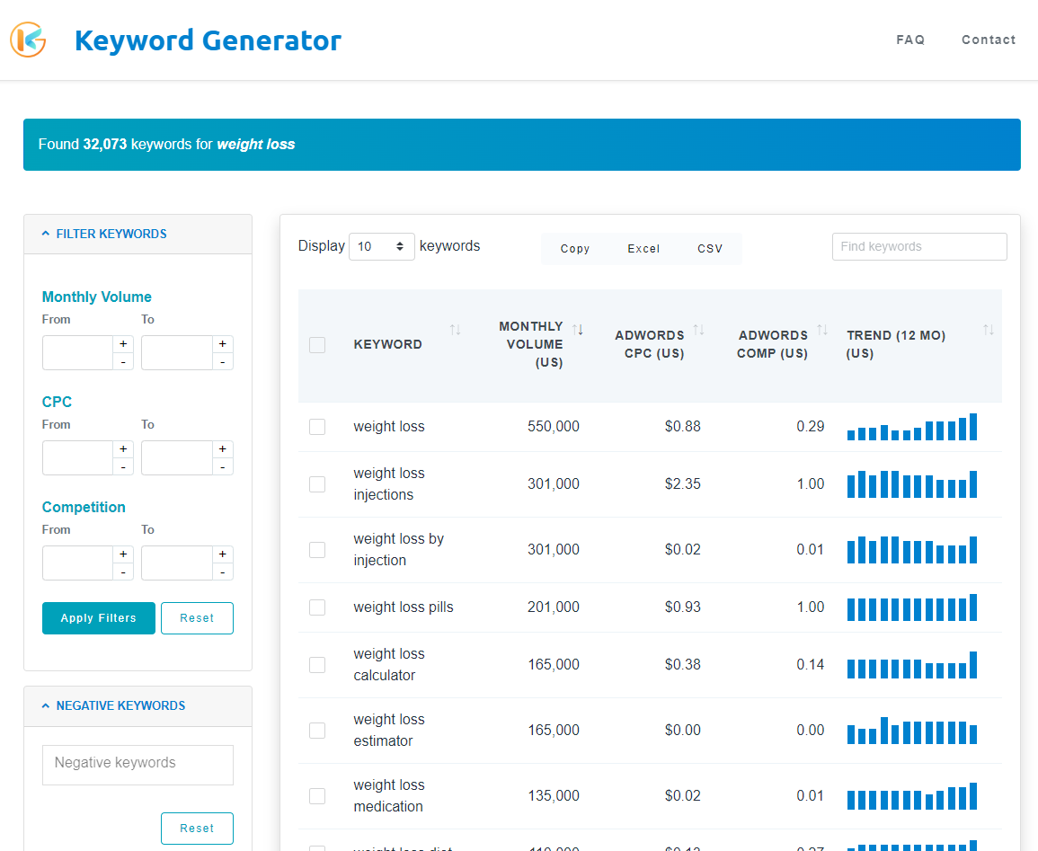 KeywordGenerator.net Screenshot showing Keyword Generator results
