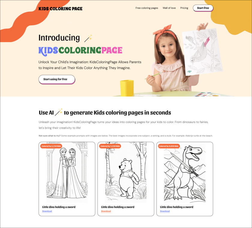 KidsColoringPage.com Landing Page