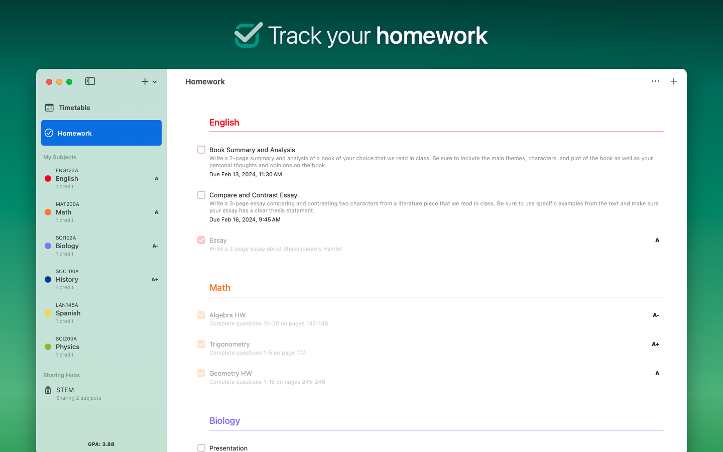Subjects by Eyen Track your homework