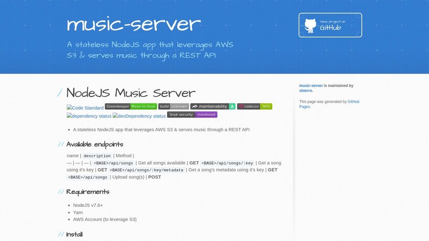 NodeJS Music Server Landing Page