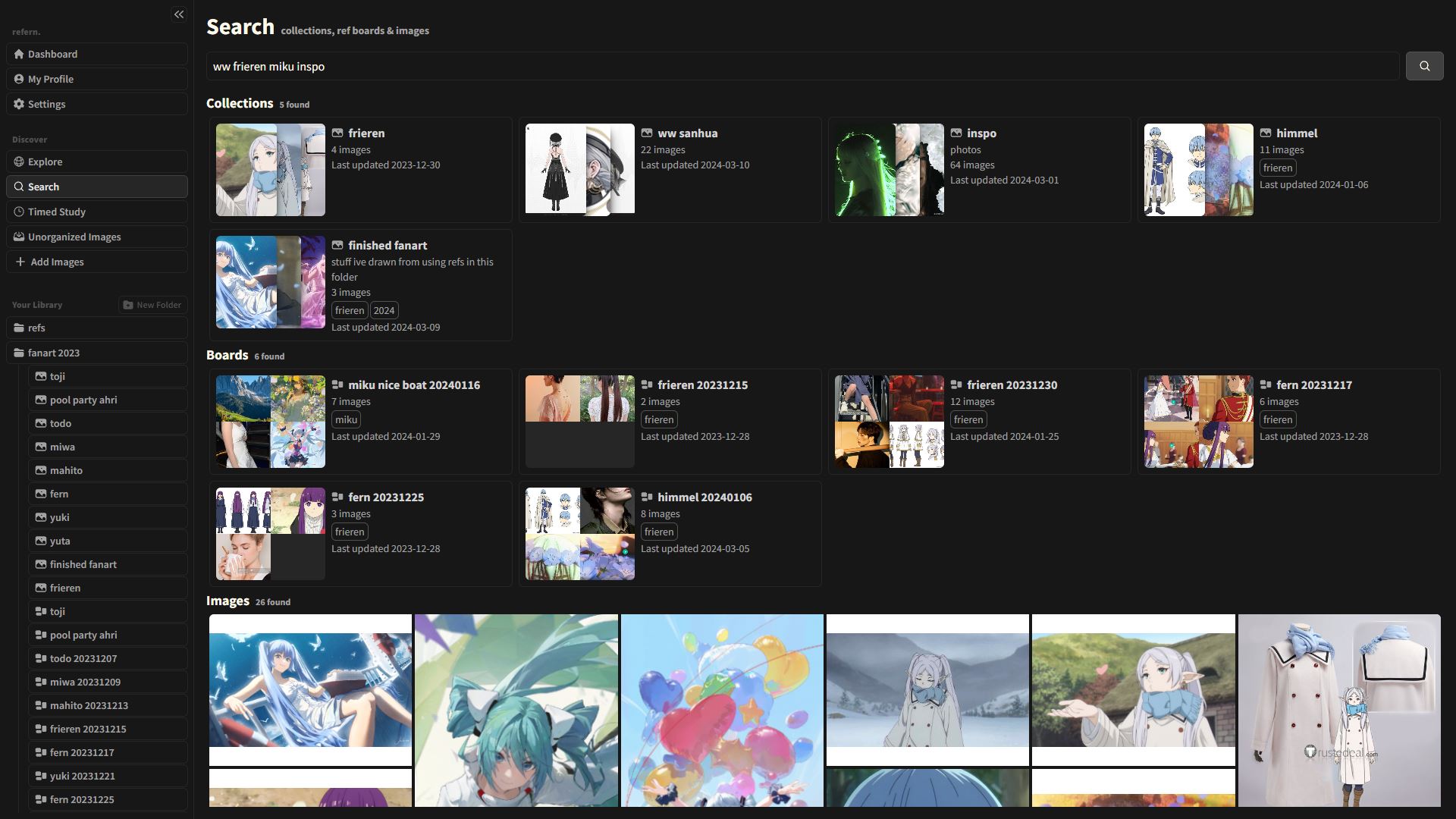 refern. Search page searching for images, collections, or moodboard all at once with multiple search terms 