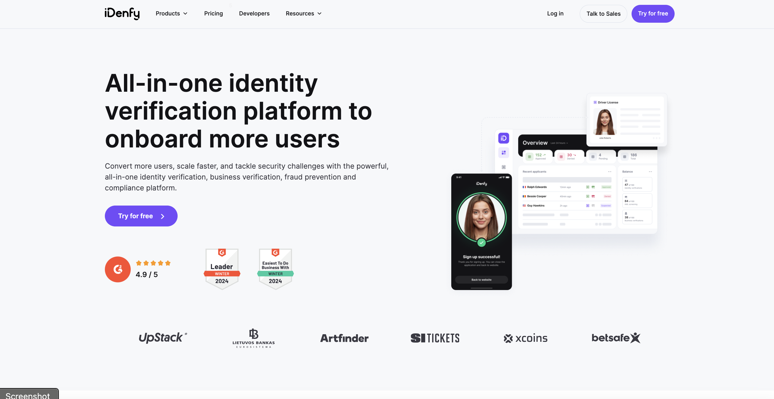 iDenfy 1. Landing page