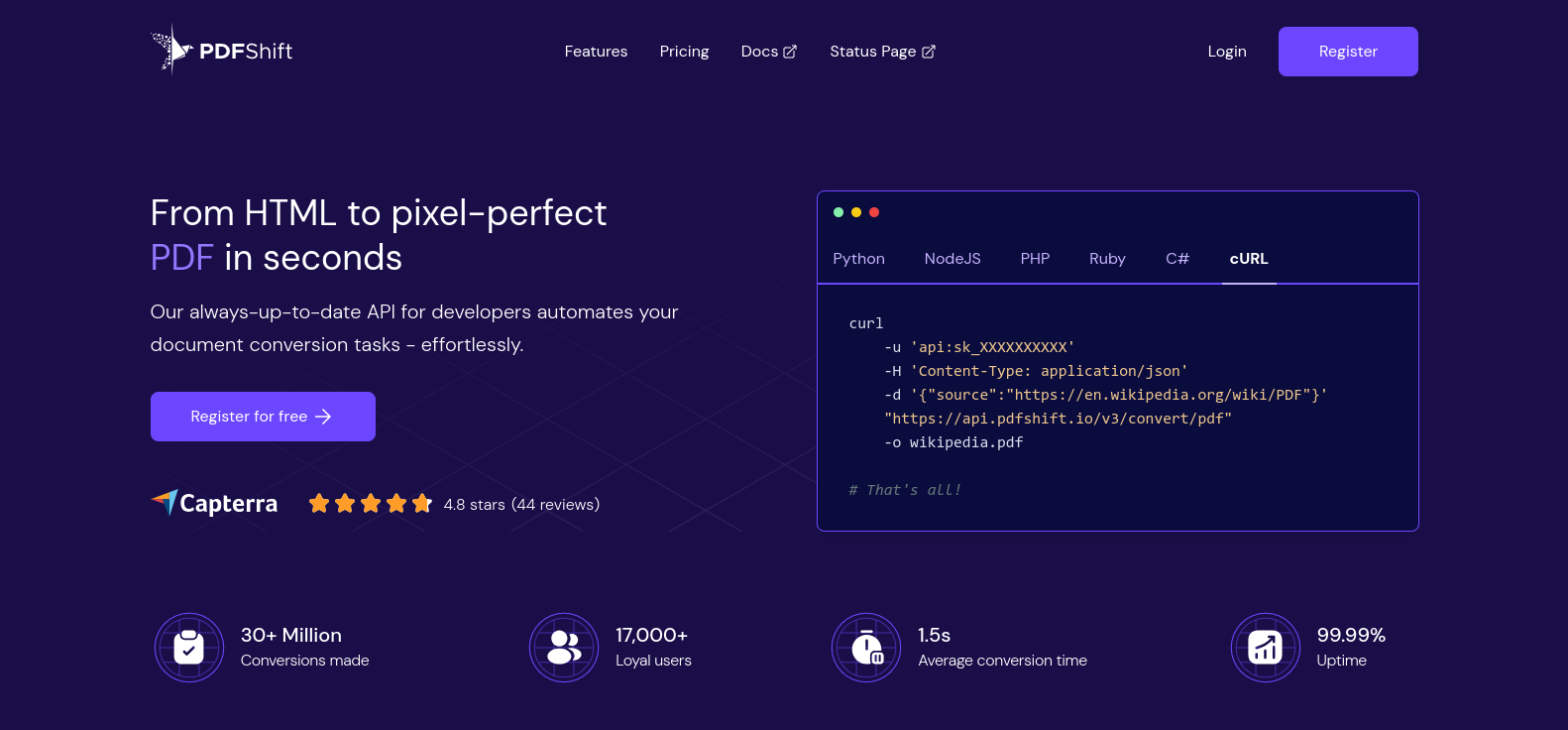 PDFShift Landing page