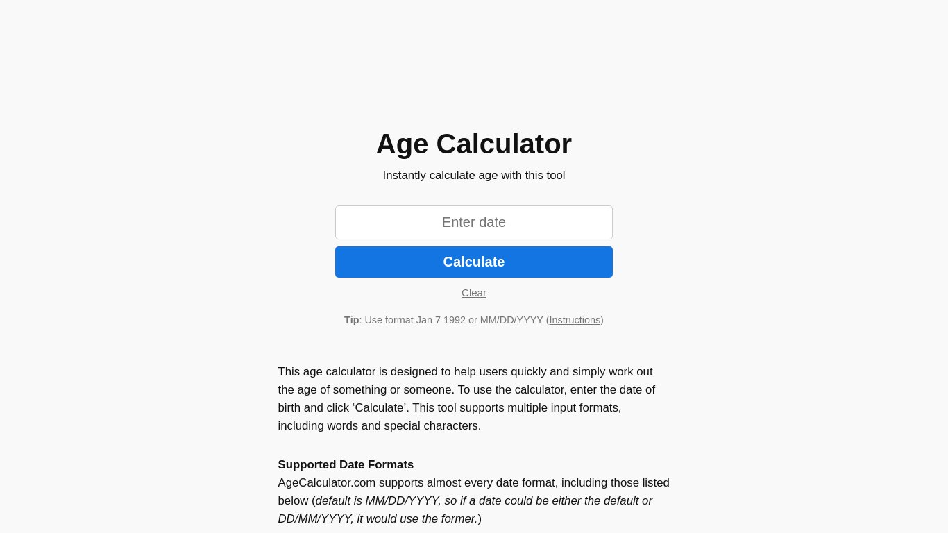 Age Calculator Landing page