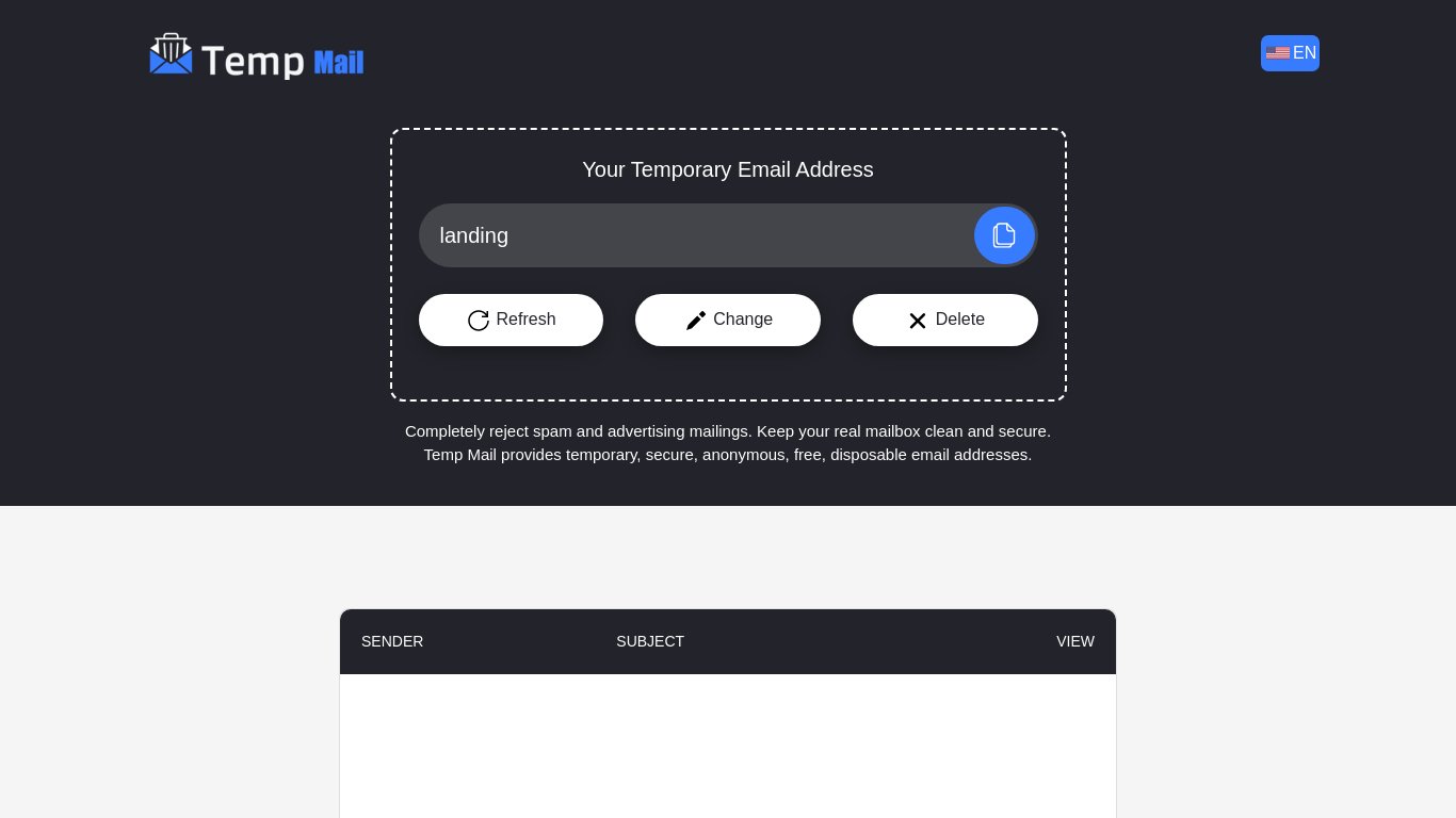 Temp MailBox Landing page