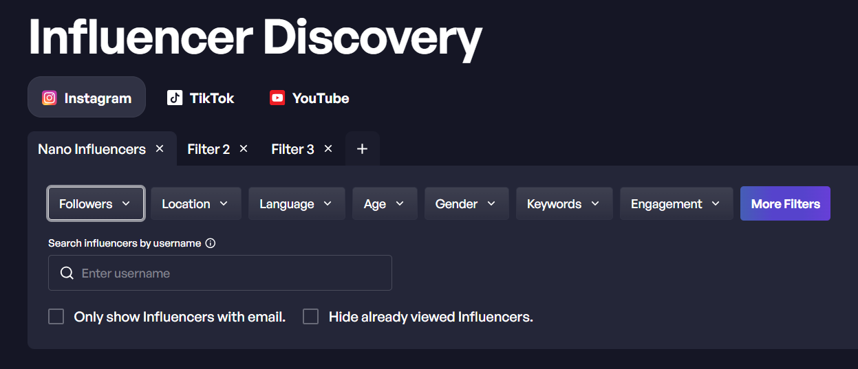 Creable Influencer Discovery Access the largest Influencer database with 300M+ profiles across YouTube, Instagram, and TikTok. Creable offers a comprehensive range of filters, allowing you to refine your search by Influencer and/or audience demographics such as location, age, gender, and language.