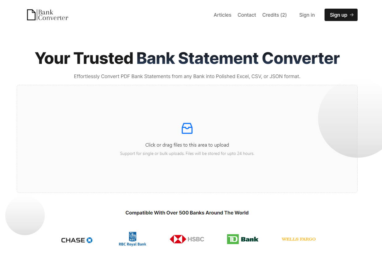 Bank PDF Converter Landing page