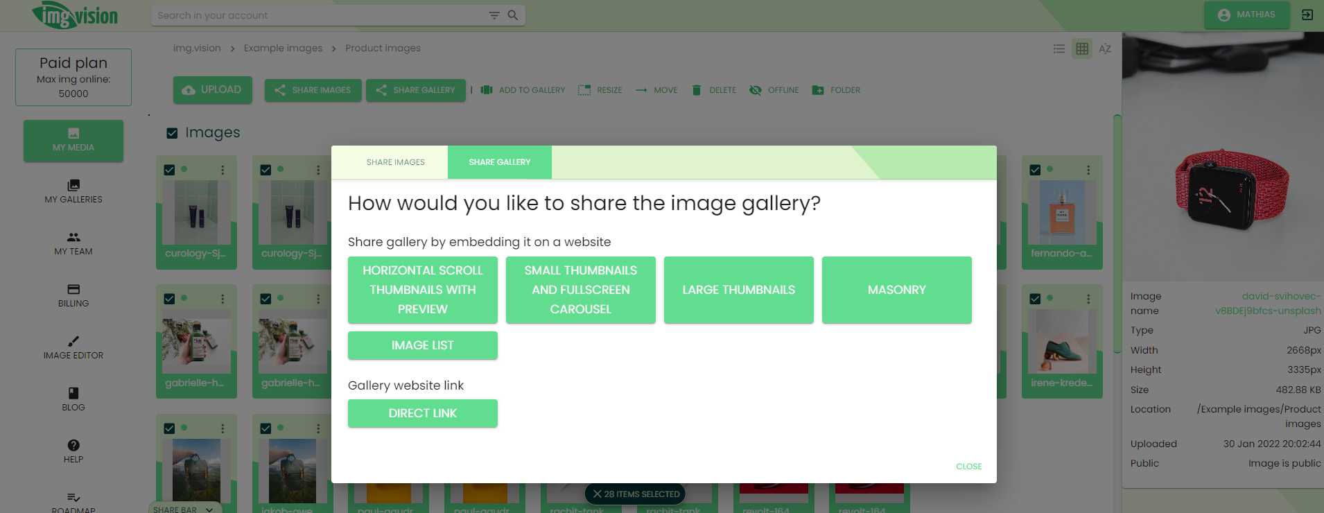 Img.vision Share code for embedding galleries on any site