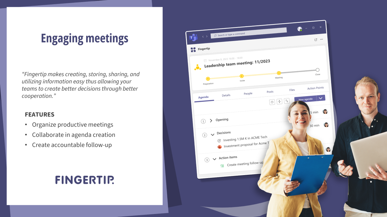 Fingertip Fingertip helps create an interactive agenda with set timings and responsible presenters to make meetings more productive and useful.