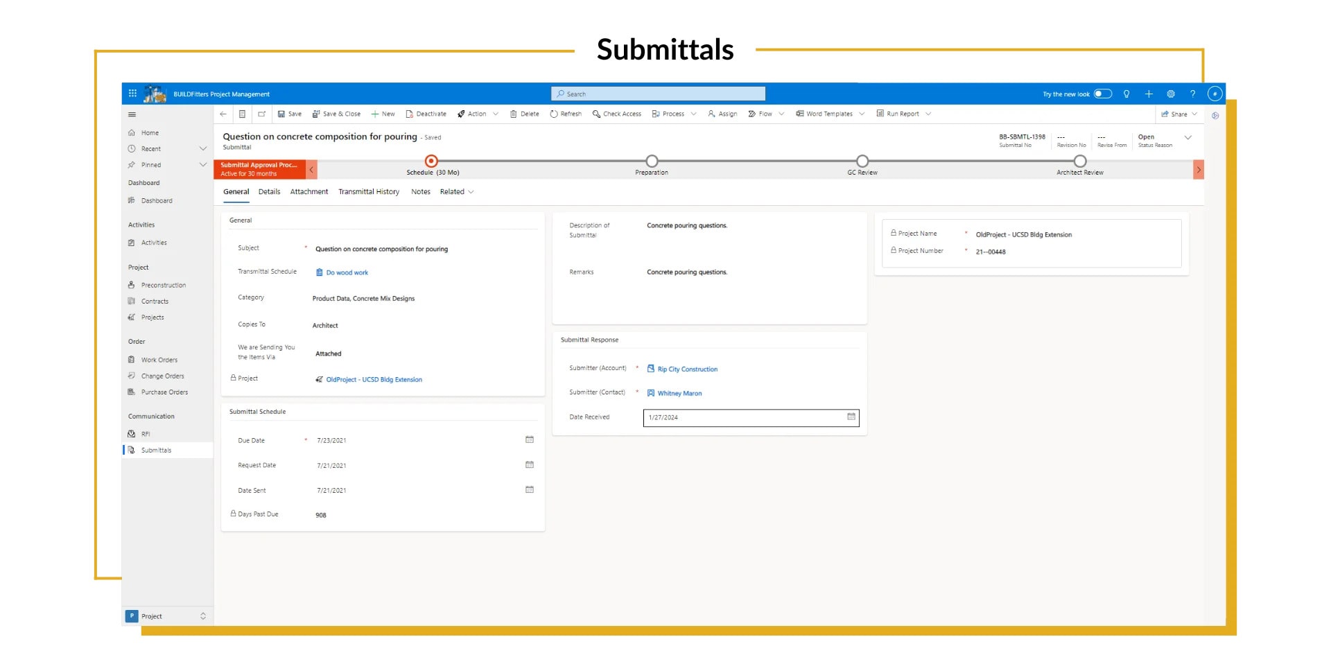 BUILDFitters Alleviate your submittal challenges with BUILDFitters' robust dashboards, which display a pictorial representation of submittal status, making it easy for users to manage, track, and review submittals. 