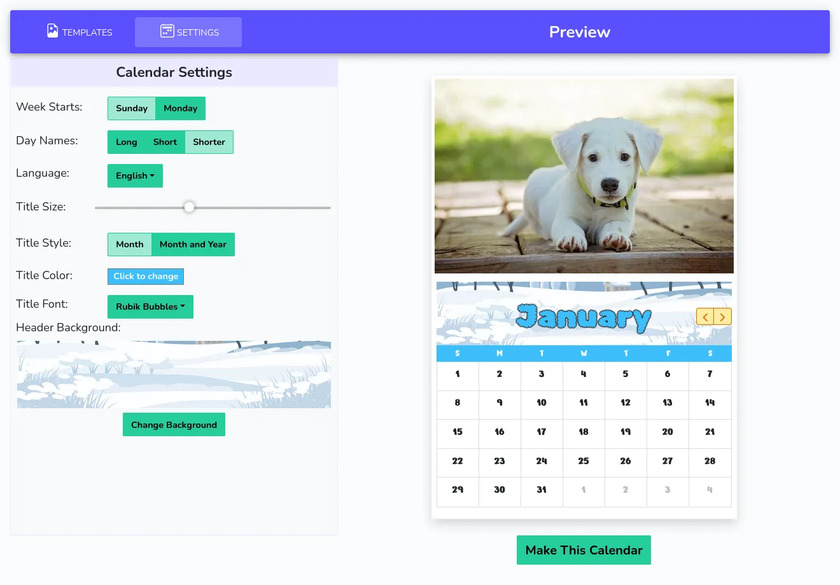 Custom Calendar Maker Landing Page