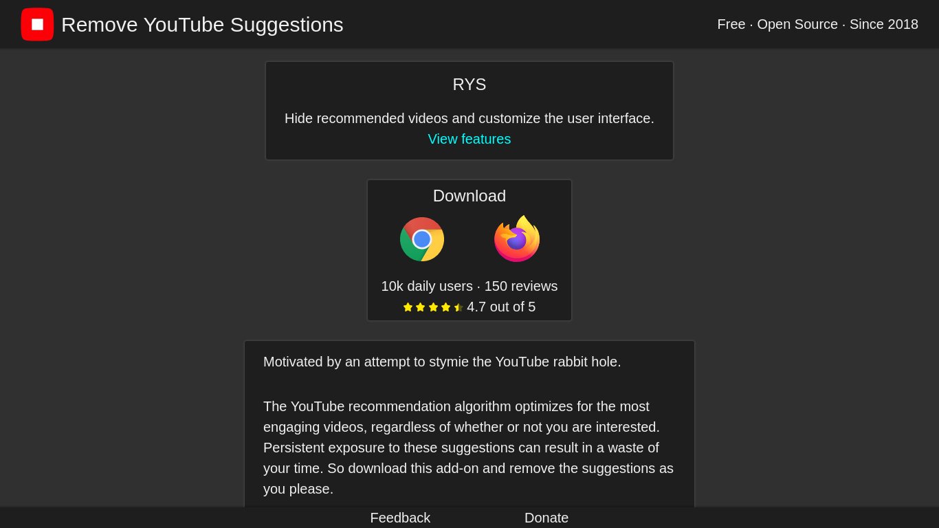 RYS — Remove YouTube Suggestions Landing page