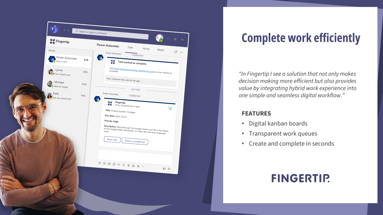 Fingertip Follow upcoming and prioritized Tasks and their progress on a Kanban board and provide visibility for relevant people to follow.