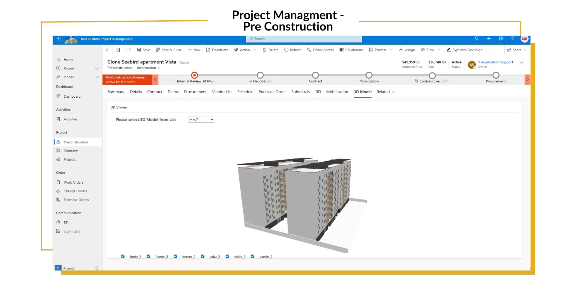 BUILDFitters Manage project budgets, track orders, and streamline data with a comprehensive view of the project, from 3D modeling to site photos, optimizing efficiency and decision-making with BUILDFitters. 