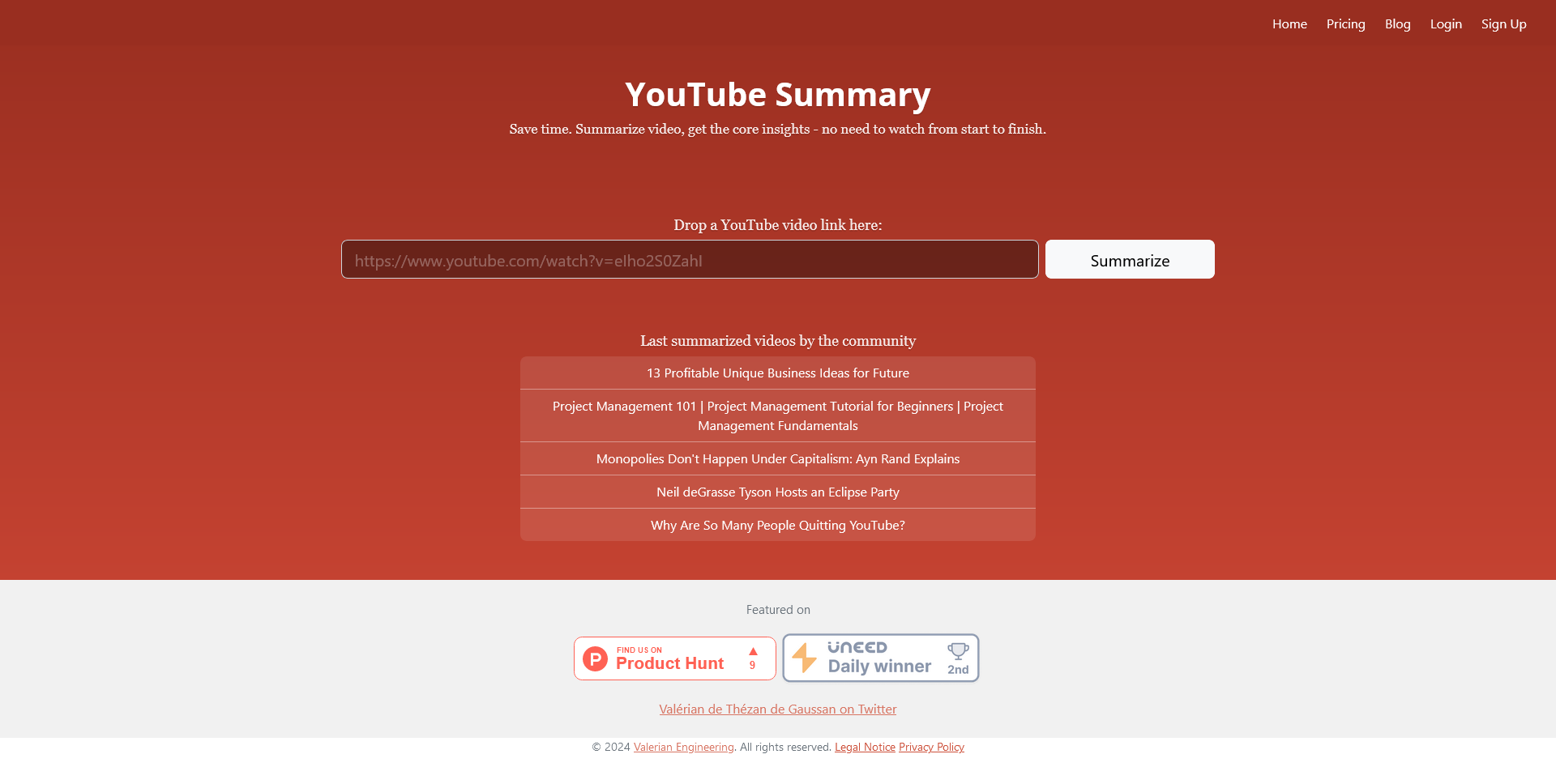 YouTube Summary Main page