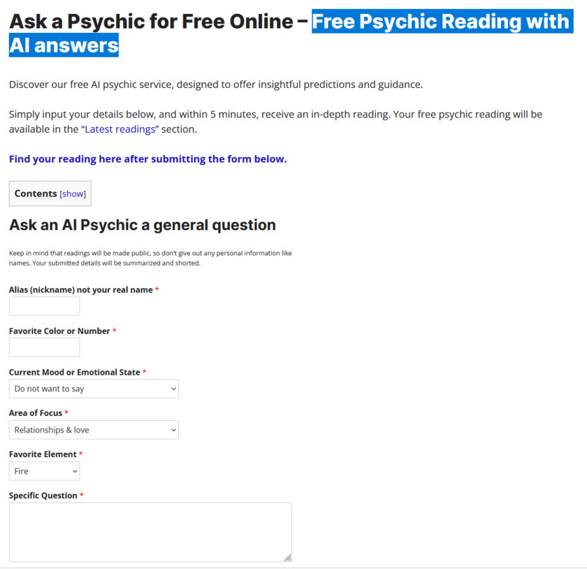 Ask an AI Psychic Landing Page