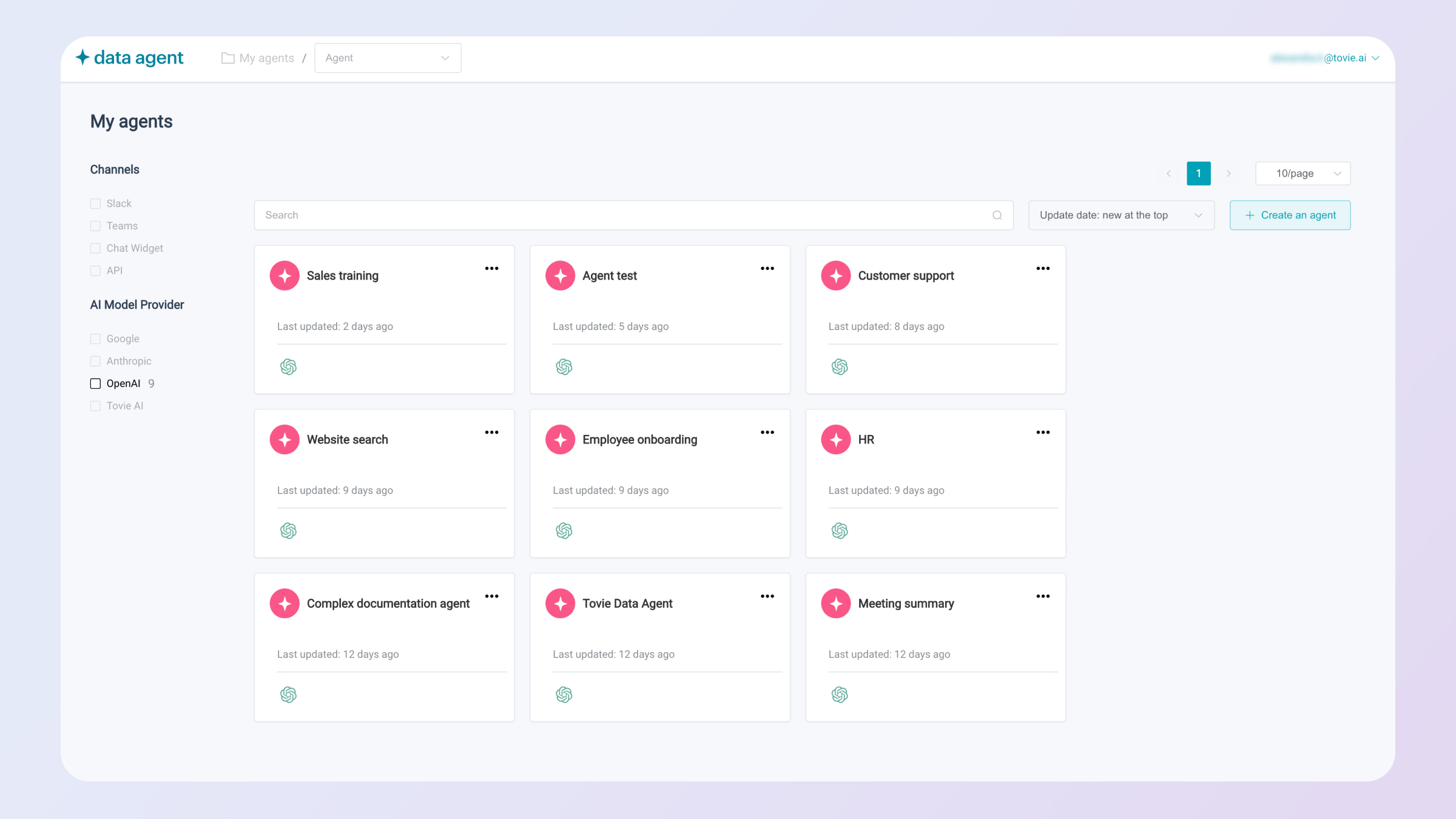 Tovie AI Data Agent Data Agent interface