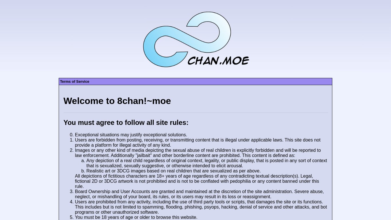 8chan.moe Landing page