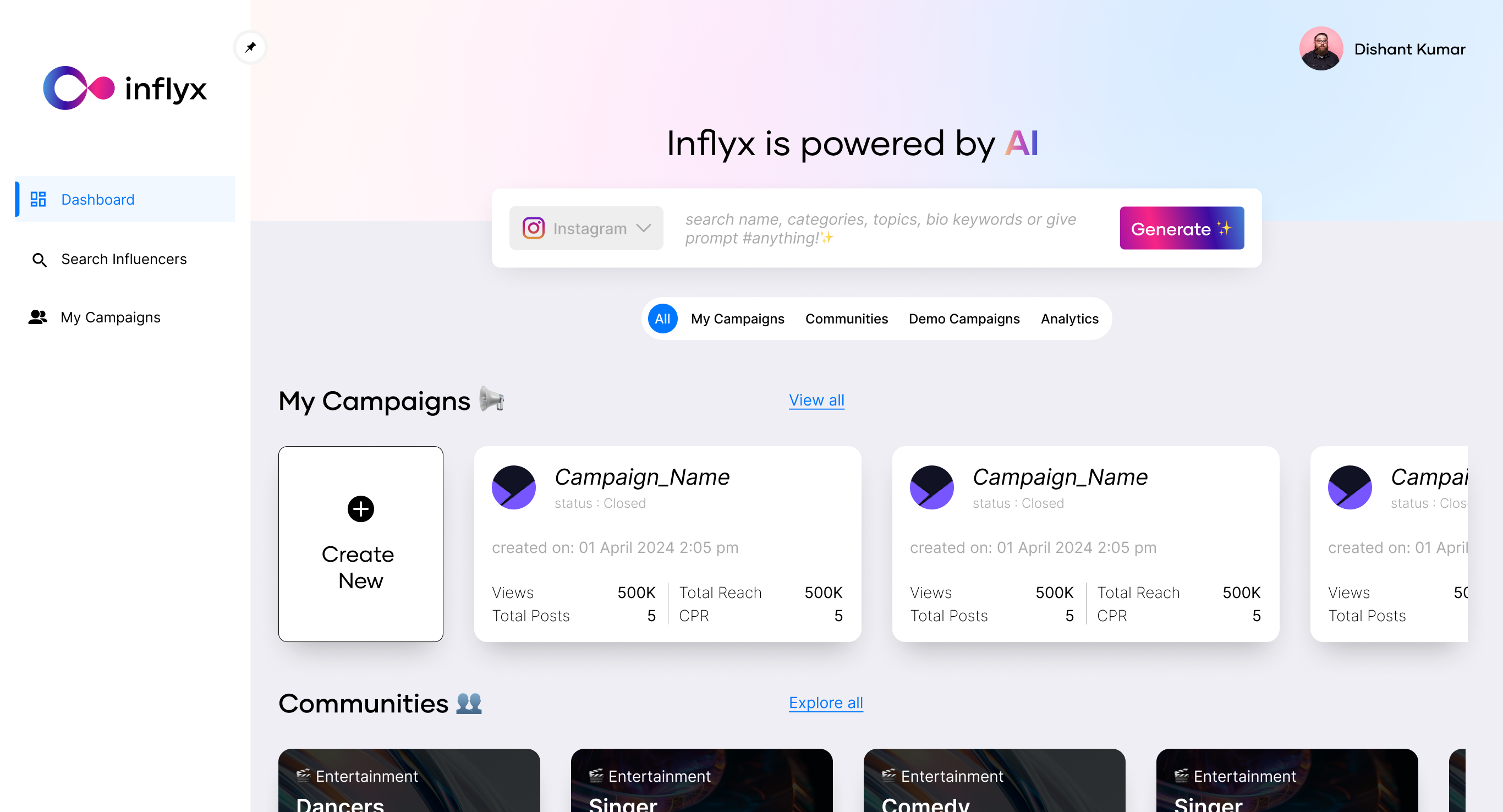 Inflyx.co Inflyx's Dashboard
