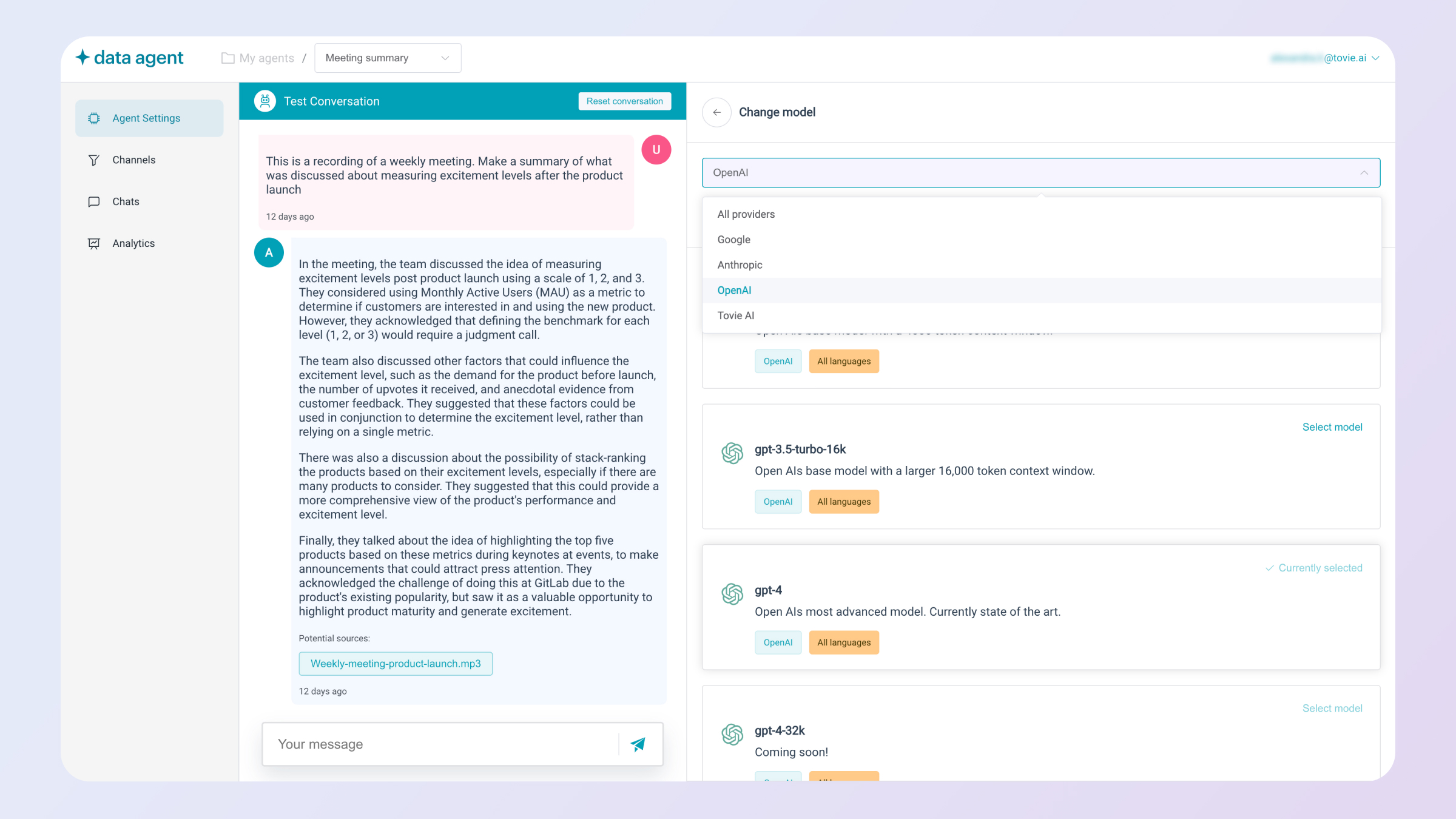 Tovie AI Data Agent Multimodel approach