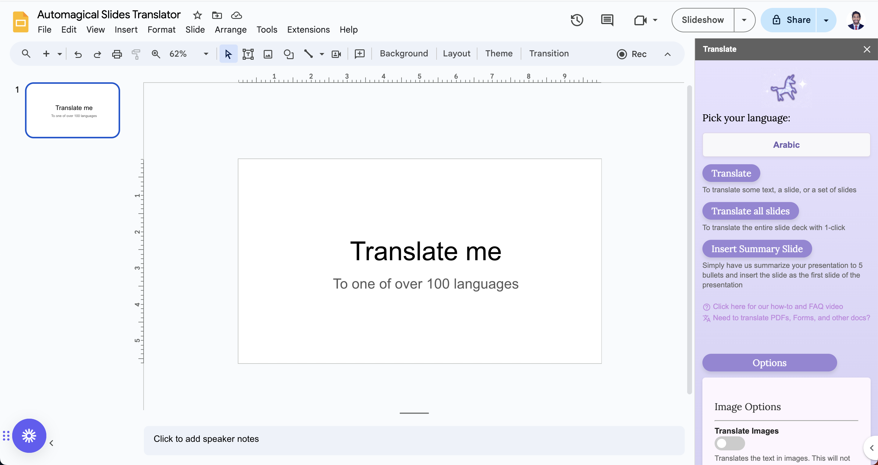Slides Translator by Automagical Apps Home Screen in Google Slides