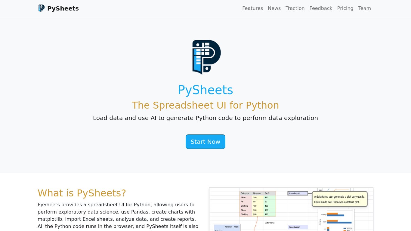 PySheets Landing page