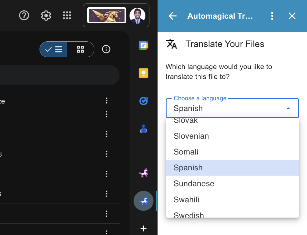 Automagical Translate Select a Language